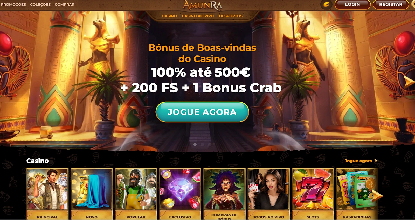 Bónus de boas-vindas do AmunRa Casino - 100% até 500€ + 200 FS + 1 Bonus Crab