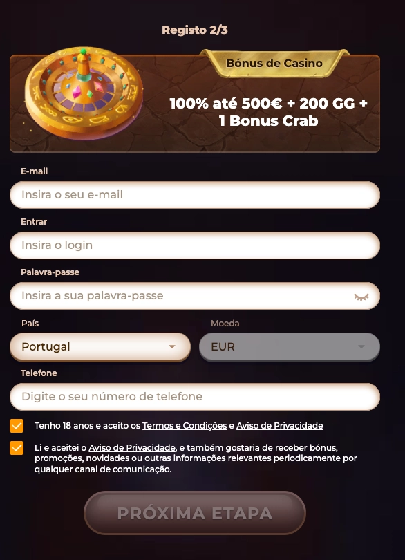 Formulário de registro no AmunRa Casino com bônus de boas-vindas